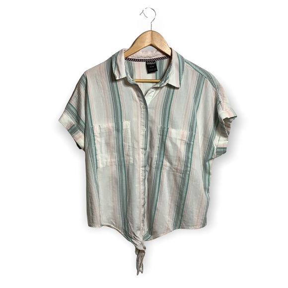 Far West Tops - Far West White Pink Green Striped Tie Button Up Crop Shirt Size XL